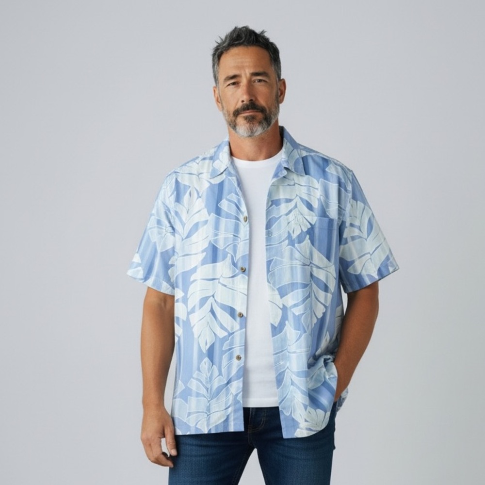 Stunning Tommy Bahama 100% Silk Shirt Large Blue Ivory Floral Paradise Men L